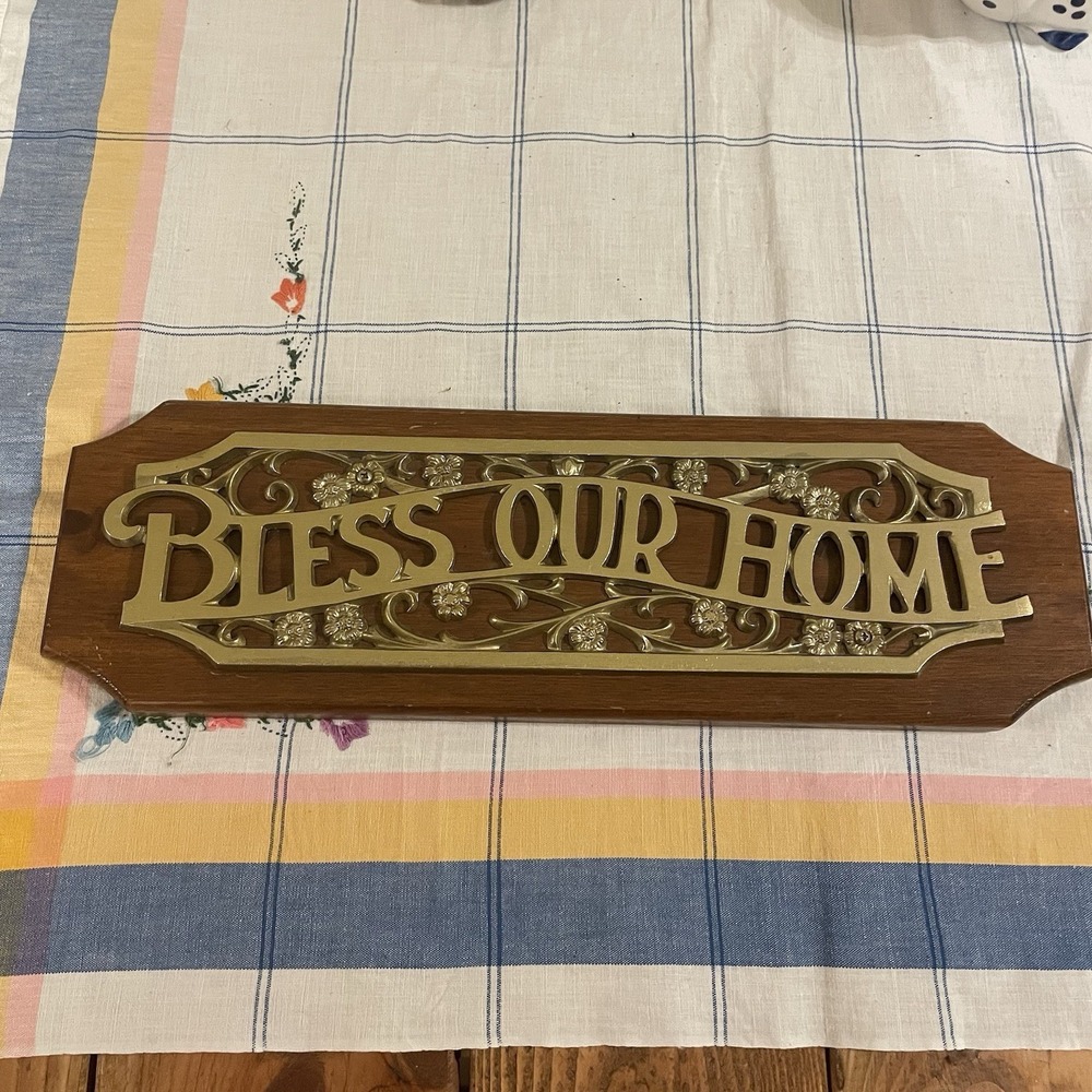 Vintage Bless Our Home Wood Sign Country Decor Metal Floral Gold Brass 17x5.25